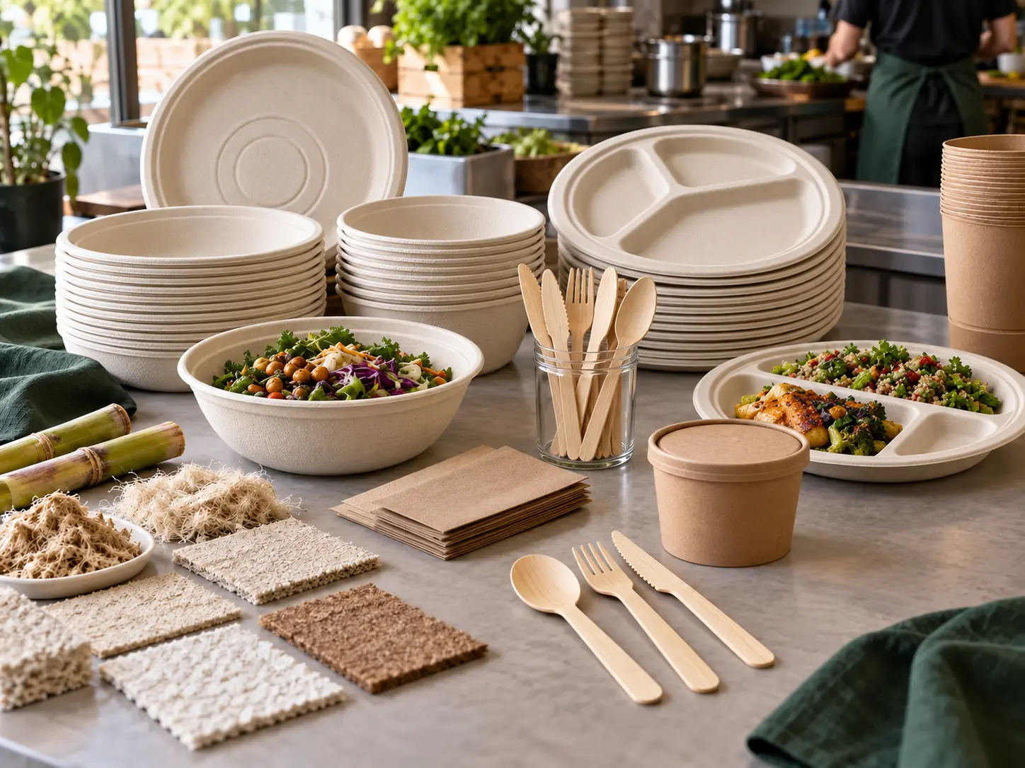 Close view of WVSCM molded-fiber bowls, plates and wooden cutlery