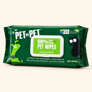 Close-up of unscented plant-based pet wipes pouch, 100 sheets alcohol-free dog cat cleaning wipes