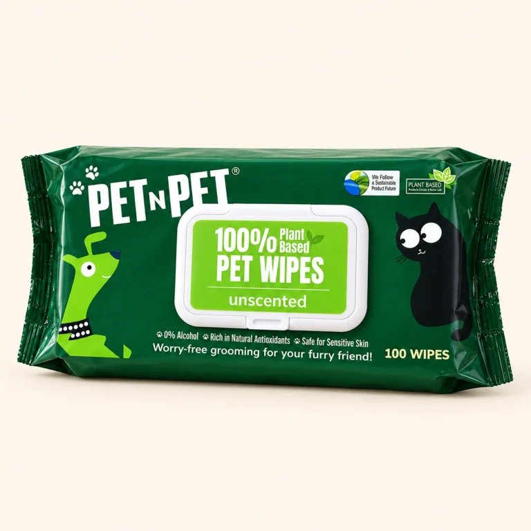 Close-up of unscented plant-based pet wipes pouch, 100 sheets alcohol-free dog cat cleaning wipes