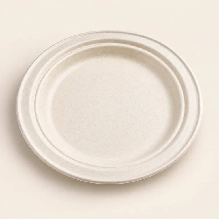 Compostable round bagasse plate, natural color molded sugarcane fiber dinner plate, disposable eco-friendly
