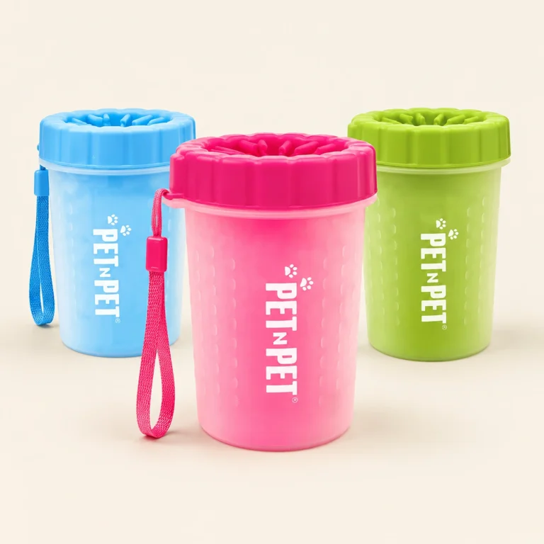 Dog paw cleaner cups in pink, blue and green, portable paw washer with soft silicone bristles and strap