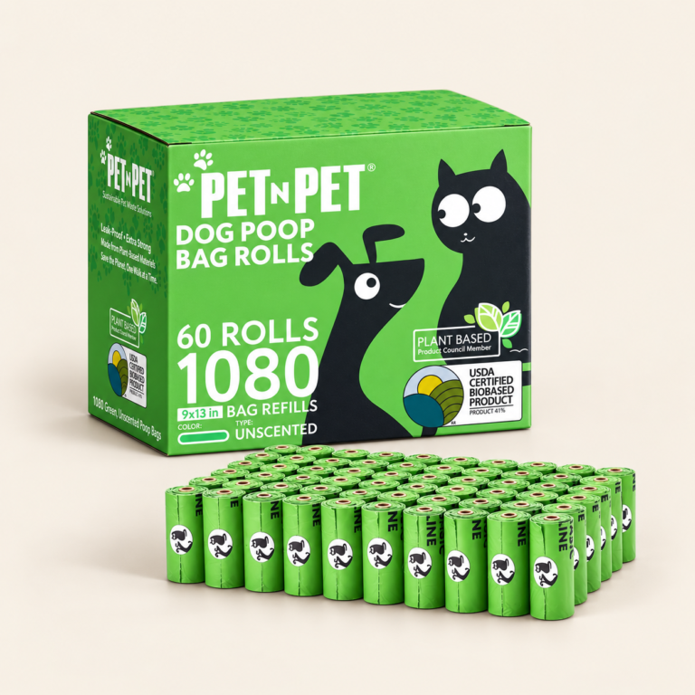 Wholesale green dog poop bags rolls, 1080 count unscented plant-based pet waste bags with retail box, USDA biobased
