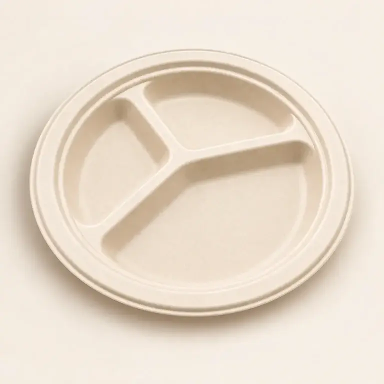10 inch 3-compartment bagasse plate made from molded sugarcane fiber
