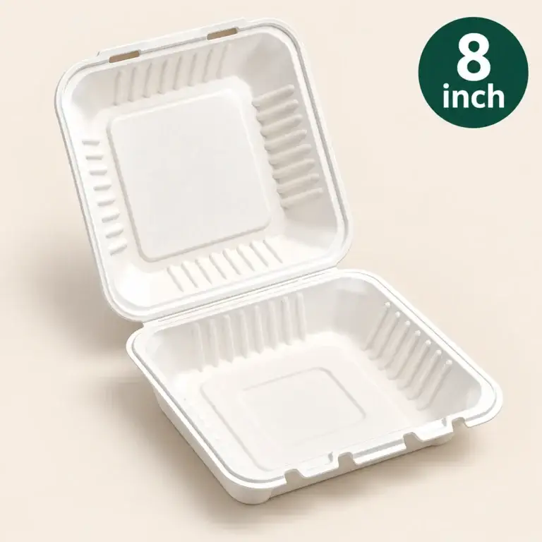 8 inch white bagasse clamshell food container with hinged lid and single compartment