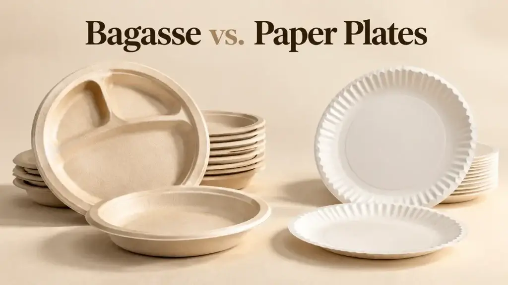 Molded bagasse plates and conventional paper plates compared side by side