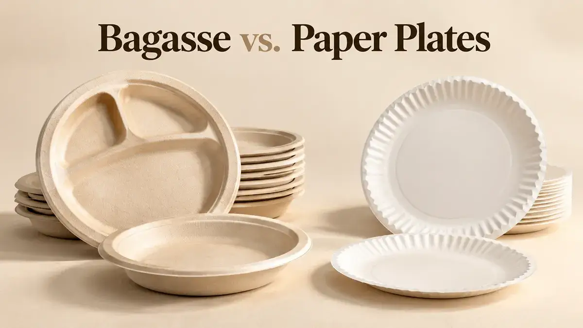 Molded bagasse plates and conventional paper plates compared side by side