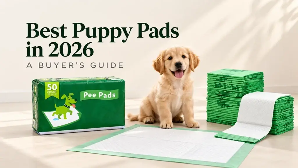 Golden Retriever puppy with disposable training pads, packaged puppy pee pads, and stacked pads for a 2026 buying guide