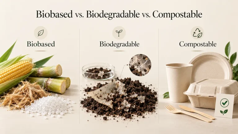 Biobased, biodegradable, and compostable materials compared with plant-based feedstocks, material breakdown, and compostable tableware