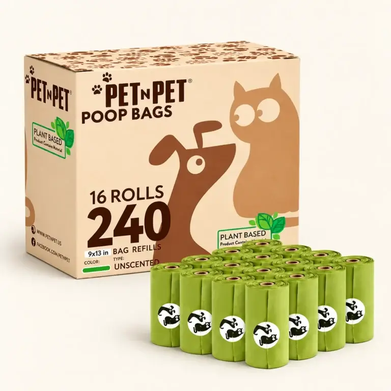 Biodegradable dog poop bags with retail packaging and green bag rolls by WVSCM