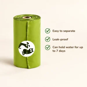 Green dog poop bag roll showing easy separation and leak-proof features