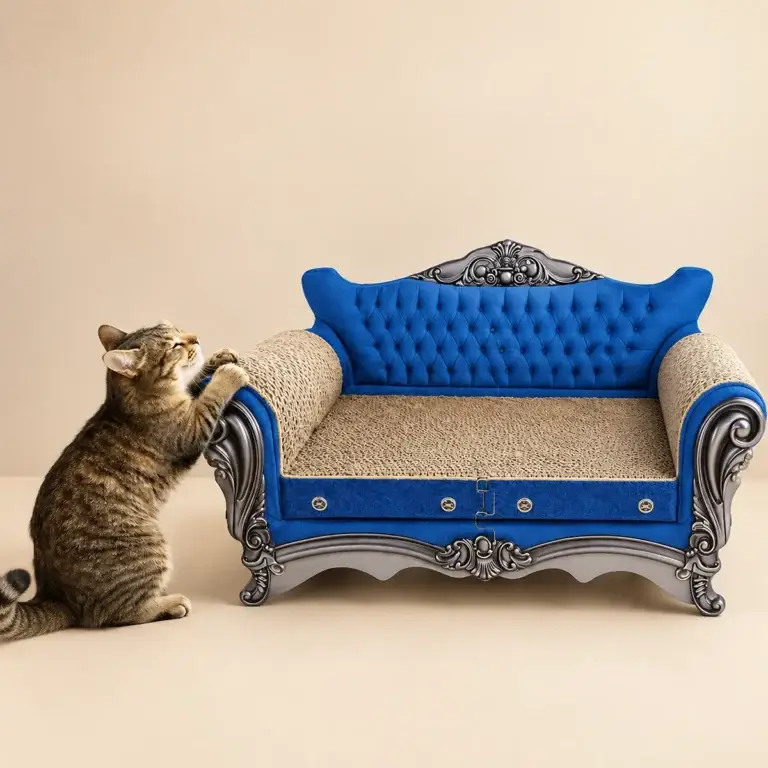 Cat scratcher couch with a cat scratching the corrugated armrest