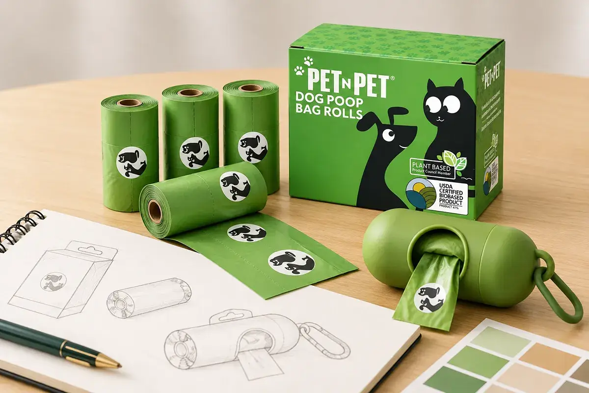 Custom dog poop bags with branded packaging and a matching dispenser