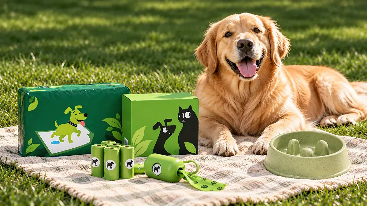Golden Retriever with everyday pet supplies including poop bags, training pads, paw cleaners, and a slow feeder bowl