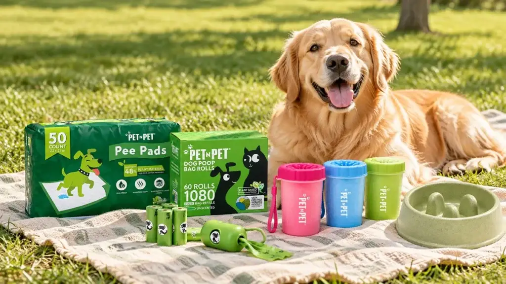 Golden Retriever with everyday pet supplies including poop bags, training pads, paw cleaners, and a slow feeder bowl