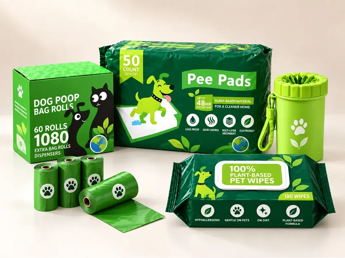 WVSCM wholesale pet supplies including dog poop bags, pee pads, pet wipes and poop bag dispenser