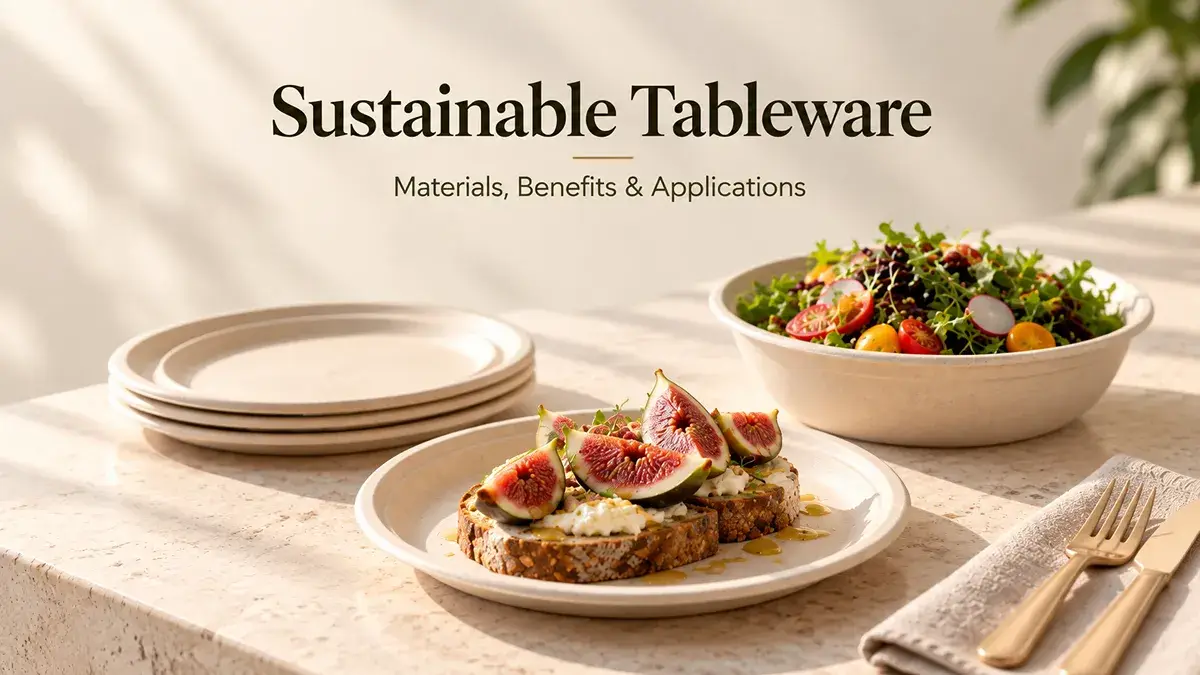 Bagasse, bamboo fiber, and molded fiber sustainable tableware arranged for a materials and buying guide