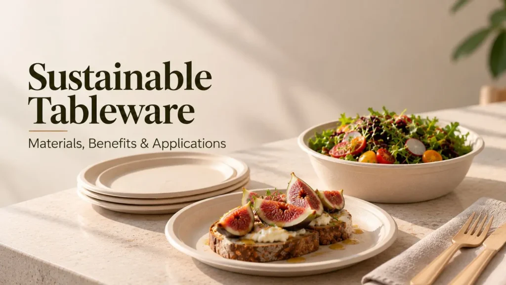 Bagasse, bamboo fiber, and molded fiber sustainable tableware arranged for a materials and buying guide