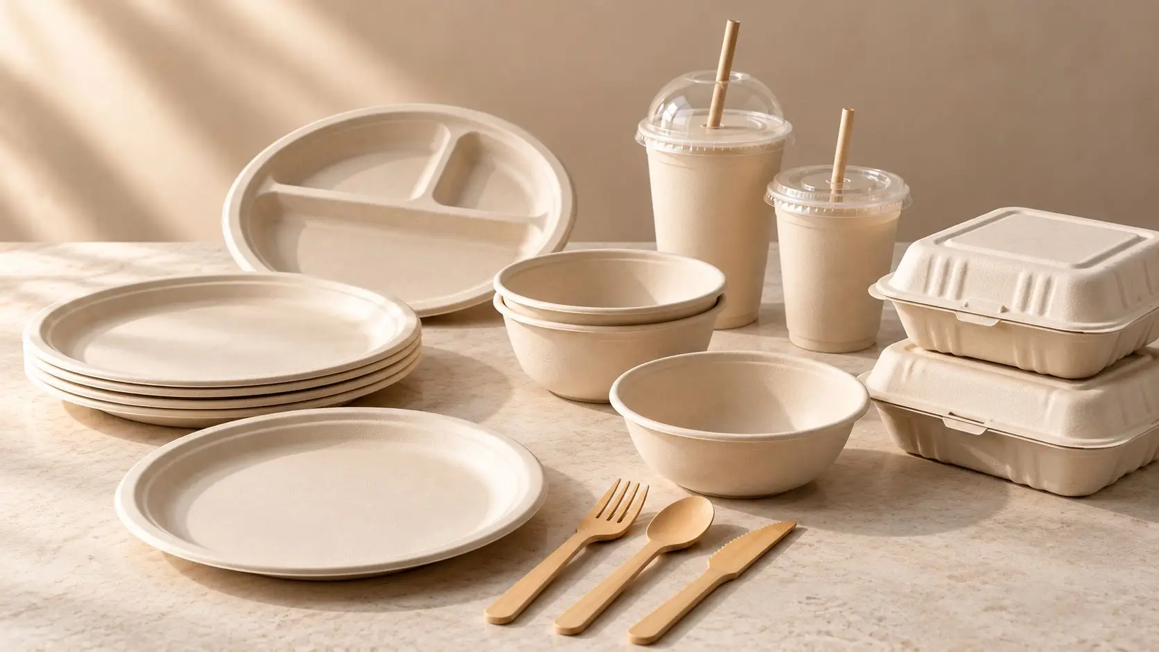 Sustainable tableware products including bagasse plates, bowls, divided plates, takeaway containers, cold cups, and bamboo cutlery.