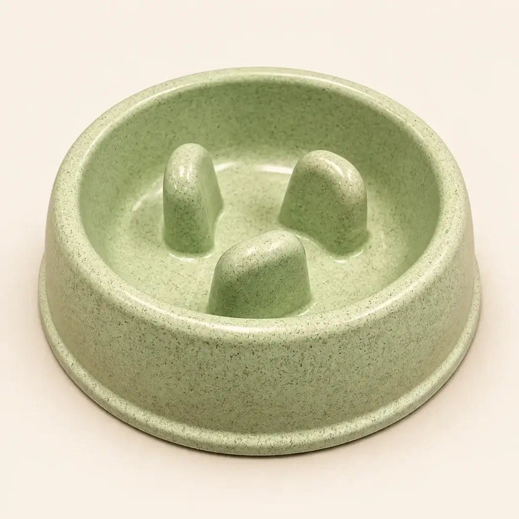 Green bamboo fiber slow feeder dog bowl with three raised feeding obstacles.