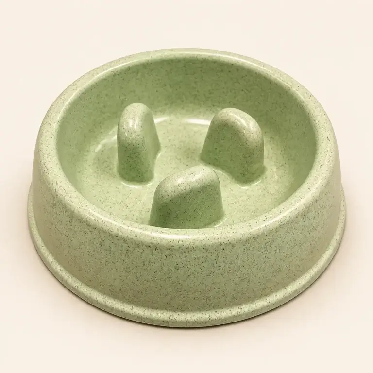 Green bamboo fiber slow feeder dog bowl with three raised feeding obstacles.